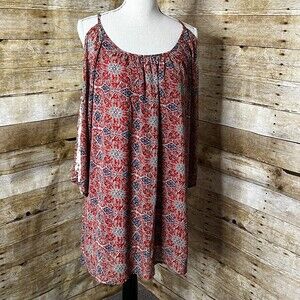 UMGEE BOHO COLD SHOULDER LACE LOOSE FLOWY MINI BELL SLEEVE DRESS SIZE MEDIUM